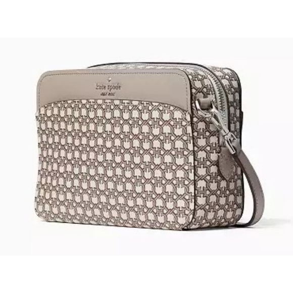 KATE SPADE // ltd ed tan cream link print saffiano zip top crossbody camera bag - Picture 5 of 11